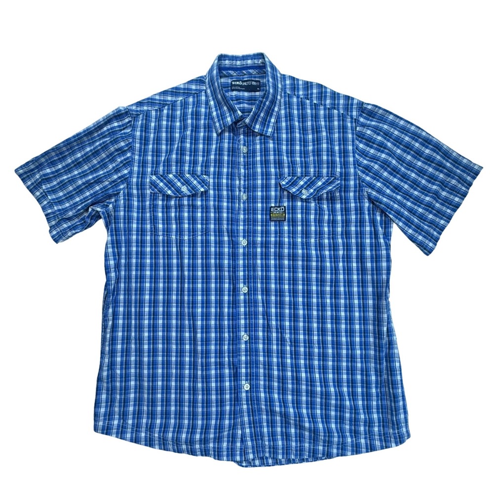 Ecko Unltd Mens XL Blue White Plaid Short Sleeve Button Down Cotton Shirt‎
